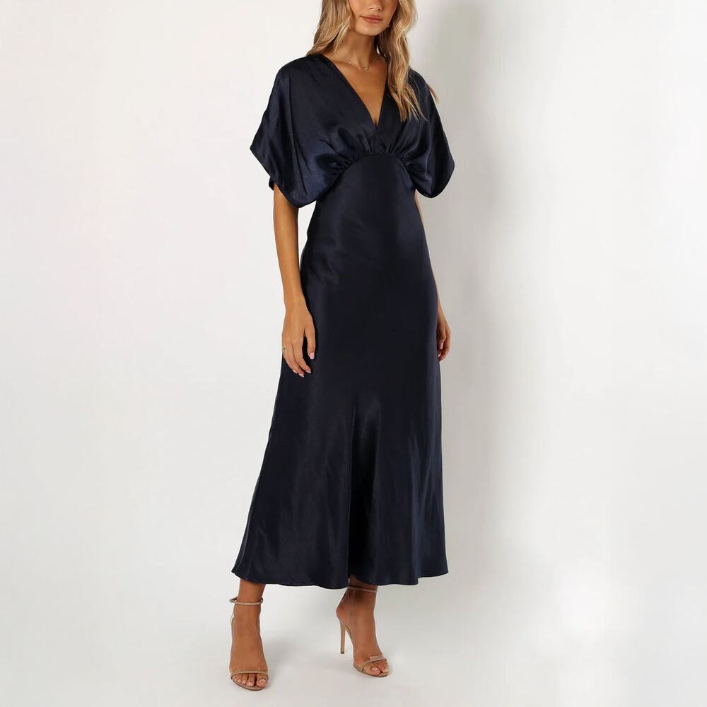 Petal + Pup Ricki Navy Blue Satin Dolman Sleeve Maxi Dress V-Neck Size XL NEW